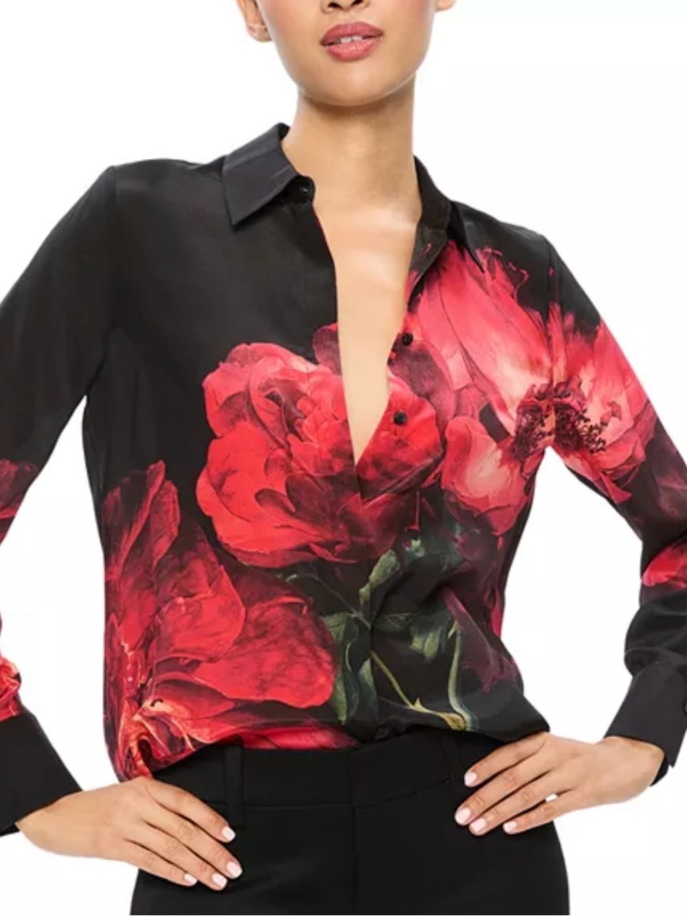 Alice + Olivia Brady Slim Silk Blouse Bright Ruby Peony Petals 100% Silk